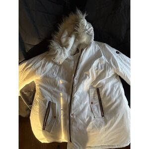 Jessica Simpson White Fur Trim Hooded Parka Jacket Zip Button Plus 3X Winter